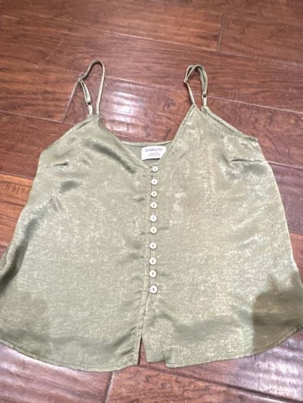 Sam & Lavi Olive Green Satin Button-Front Cami Tank Top